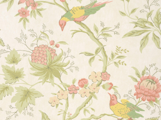 Papier peint oiseau avec des fleurs colorées et des baies de Little Greene - Brooke House - Tissu