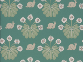 Papier peint bleu/vert Burges Snail - Ocean de Little Greene avec des fleurs roses pâles