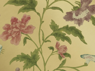 Little Greene papier peint floral avec de grandes fleurs roses et violettes China Rose - Emerald Lustre