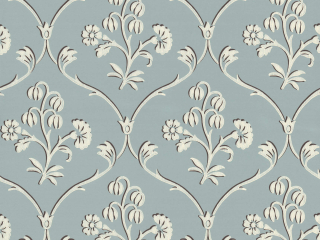 Papier peint bleu avec des volutes et des fleurs beiges Cranford - Sky Blue de Little Greene