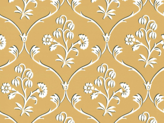 Cranford - Wheat papier peint de Little Greene de couleur ocre jaune avec des volutes et des fleurs blanches