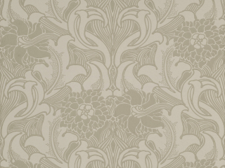 Dahlia Scroll - French Grey papier peint beige au motif classique de fleurs et de volutes de Little Greene