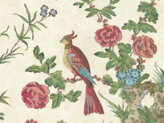 Darwin - Provence papier peint de Little Greene avec des fleurs rouges et bleues et de grands oiseaux colorés