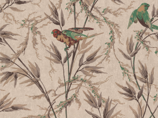 Papier peint brun clair avec des graminées ornementales de couleur taupe et des oiseaux Great Ormond Street - Cappuccino vert foncé