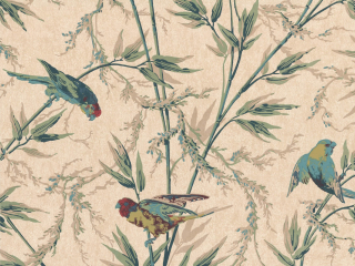 Little Greene papier peint Great Ormond Street - Parchment avec des oiseaux de couleur bleue et des graminées ornementales de couleur verte