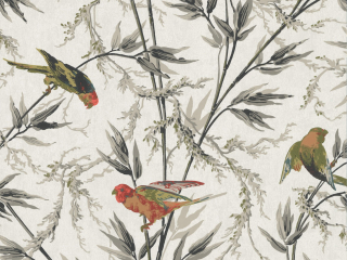 Great Ormond Street - Signature papier peint aux tons de gris avec des oiseaux verts et orange