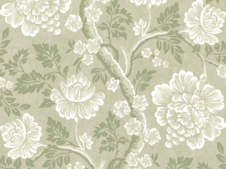 Papier peint floral avec un fond vert sur lequel se trouvent des fleurs élégantes aux teintes blanches Gustav - Dalarna