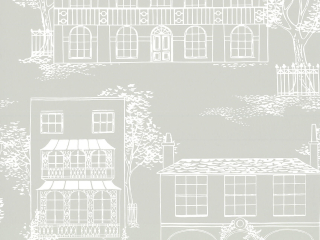 Papier peint gris avec de grandes maisons dessinées avec des lignes blanches Hampstead - Cool Grey