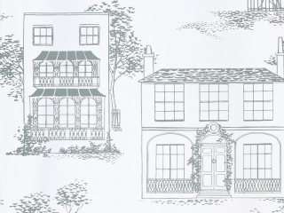 Hampstead - Glass papier peint de Little Greene avec des maisons dessinées et des arbres élégants