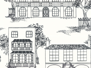 Hampstead - Ink de couleur blanche, papier peint de Little Greene présentant des maisons de styles différents dessinées en noir