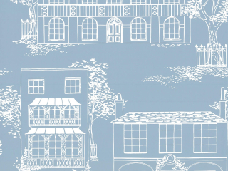 Hampstead - James Blue papier peint de Little Greene avec un fond bleu et des maisons blanches