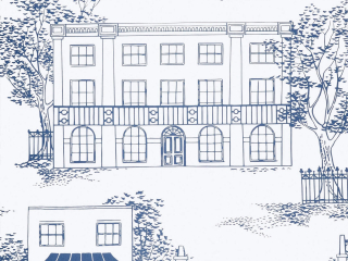 Papier peint blanc/bleu Hampstead - Mid Blue avec des maisons connues