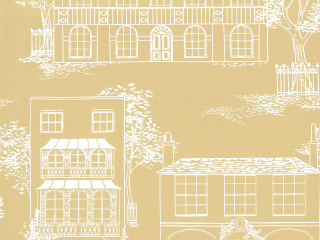 Papier peint jaune Hampstead - Yellow Apple avec des dessins de maisons de campagne blanches