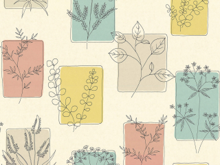 Little Greene papier peint avec des rectangles de couleurs rose, jaune, bleu et taupe contenant de simples fleurs dessinées avec une fine ligne noire Herbes - Cocktail