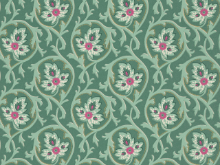 Papier peint de couleur vert/bleu, avec un motif de volutes et de fleurs et de petits accents rose vif Hoja - Pleat
