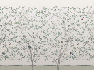 Little Greene Belton Scenic - Oyster papier peint avec des oiseaux et des arbres