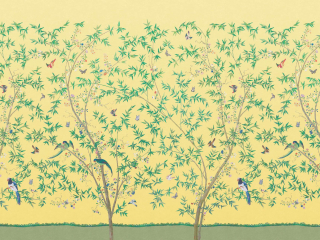 Little Greene Belton Scenic - Sunbeam papier peint avec un arrière-plan jaune et des arbres