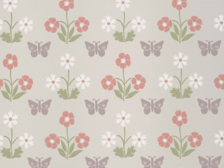 Beige papier peint avec un papillon violet et des fleurs rouges/roses de Little Greene