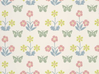 Beige papier peint Burges Butterfly - Slaked Lime avec des papillons verts et des fleurs colorées aux couleurs rose, jaune et bleu