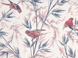Great Ormond Street - Carmine papier peint avec des graminées ornementales et des oiseaux roses volants de Little Greene