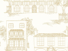 Papier peint dessiné représentant des maisons de styles différents avec des arbres Hampstead - Cloister de Little Greene