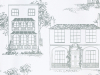 Hampstead - Glass papier peint de Little Greene avec des maisons dessinées et des arbres élégants