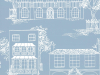 Hampstead - James Blue papier peint de Little Greene avec un fond bleu et des maisons blanches