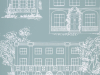Hampstead - Penumbra est un papier peint aux couleurs bleu et vert, avec des dessins de maisons de styles différents en blanc.