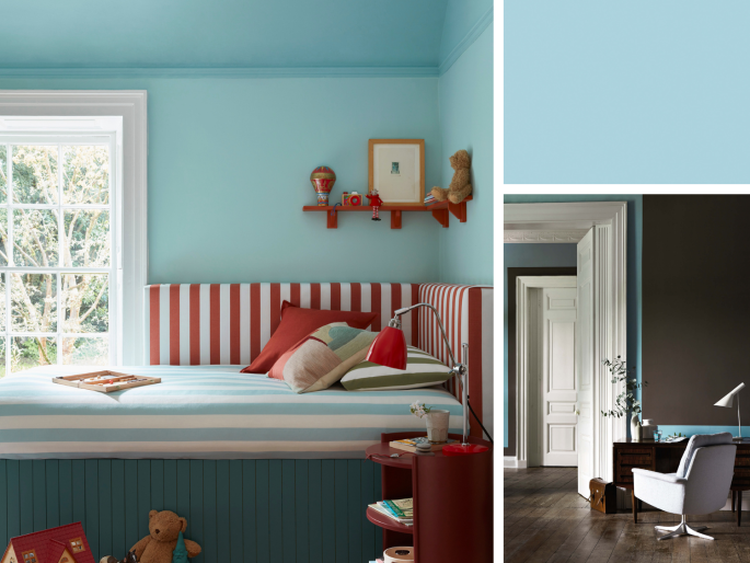 Little Greene - Sky Blue 103 peint sur le mur avec des accents rouges