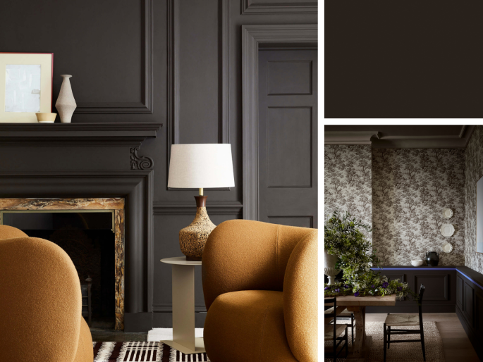 Little Greene - Chocolate Colour 124 sur le mur avec classique moulure murales