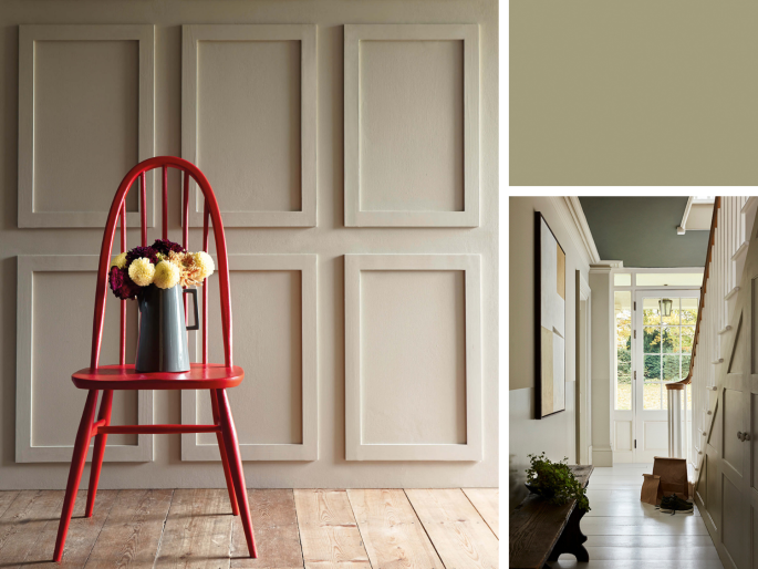 Little Greene - Portland Stone Dark 157 sur un mur avec des moulures décoratives rectangulaires