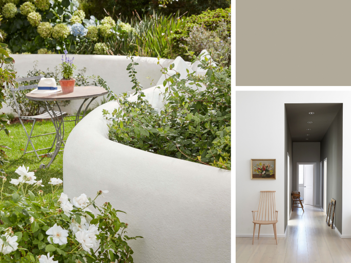 Little Greene - Cool Arbour 232 peint sur un petit muret dans le jardin