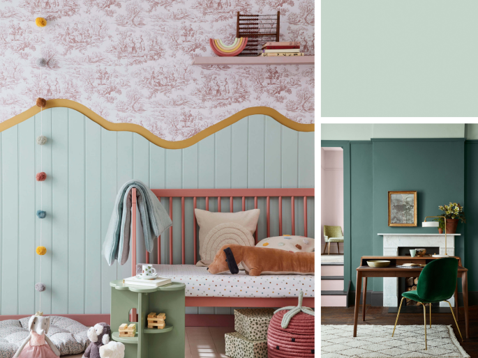 Little Greene - Aquamarine Mid 284 appliqué sur un lambris en bois avec au-dessus un papier peint rose