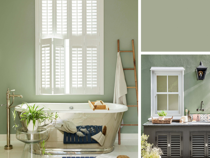 Little Greene - Boringdon Green 295 sur un mur extérieur et dans une salle de bains de luxe