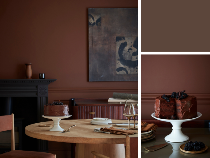Little Greene - Ganache 345 dans la salle à manger sur le mur avec moulure murale PX202