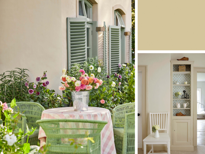 Little Greene - Clay 39 sur une façade avec des volets vert clair et fleurs