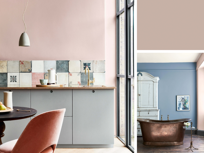 Little Greene - Light Peachblossom 3 sur le mur de la cuisine et comme accent dans la salle de bains