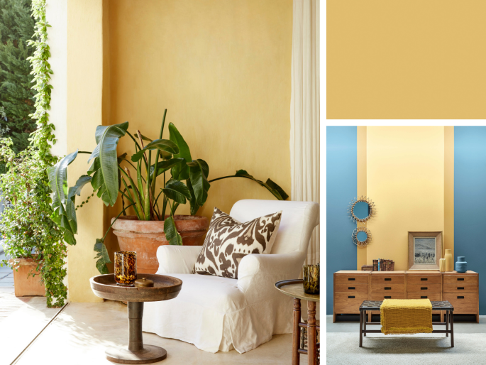 Little Greene - Light Gold 53 sur le mur avec des meubles devant