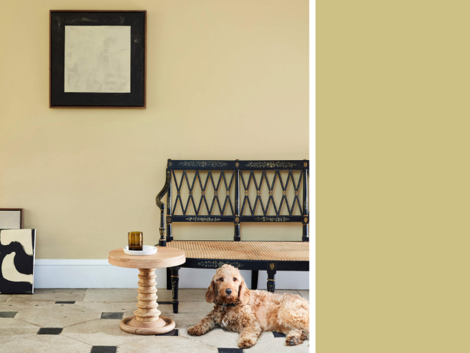 Little Greene - Oak Apple 63 op muur met een zwarte houtenbankje ervoor