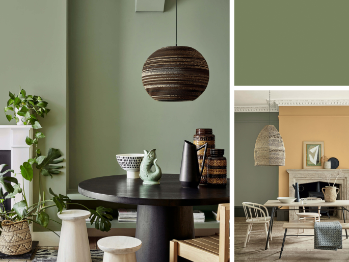 Little Greene - Sage Green 80 sur les murs du salon avec corniches