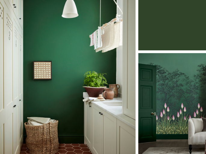 Little Greene - Dark Brunswick Green 88 sur le mur à côté d'une cuisine blanche
