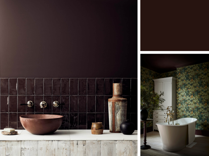 Little Greene - Purple Brown 8 op de wand in de keuken en op het plafond in de badkamer