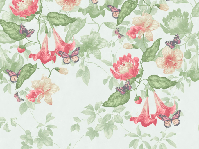 Groen papier peint Asterid - Mint de Little Greene avec des fleurs roses