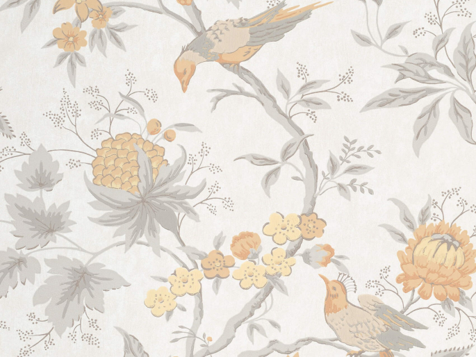 Little Greene Brooke House - Cinder papier peint avec des oiseaux gris et des fleurs orange