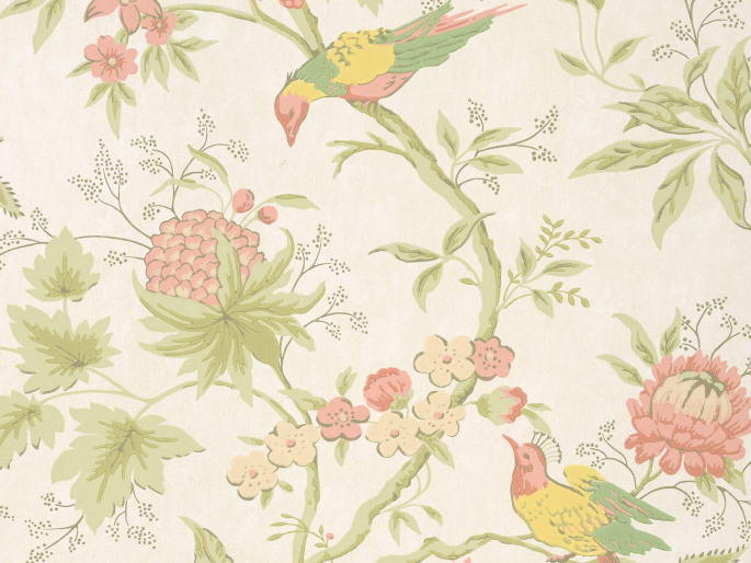 Papier peint oiseau avec des fleurs colorées et des baies de Little Greene - Brooke House - Tissu