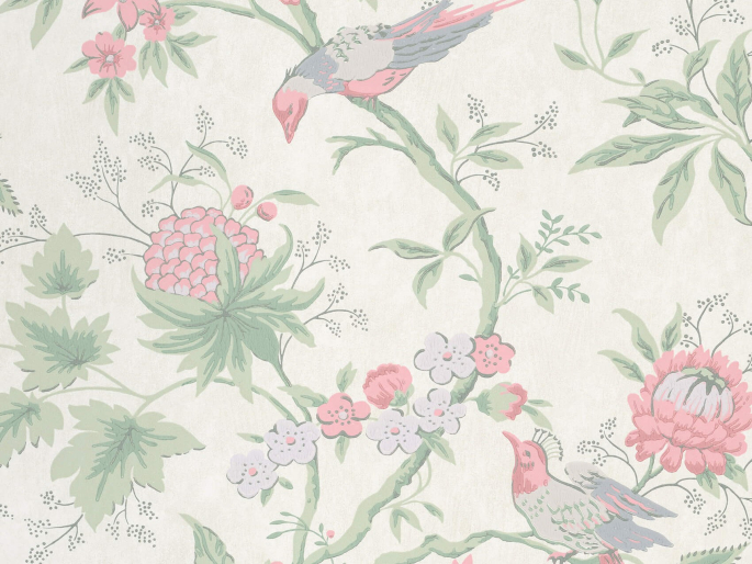 Little Greene papier peint Brooke House - lin de couleur lilas et rose, oiseaux et fleurs