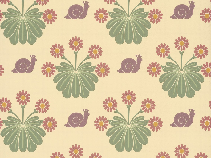 Papier peint joyeux et coloré avec des escargots violets et des feuilles vertes Burges Snail - Travertine