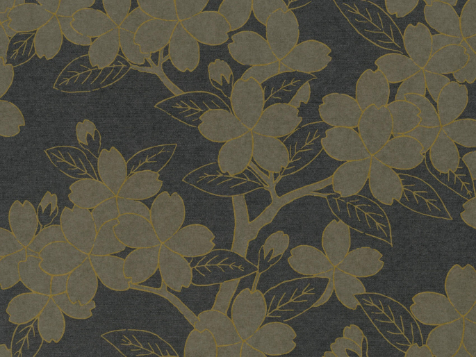 Papier peint brun foncé avec des fleurs et des accents dorés Camellia - Charcoal de Little Greene