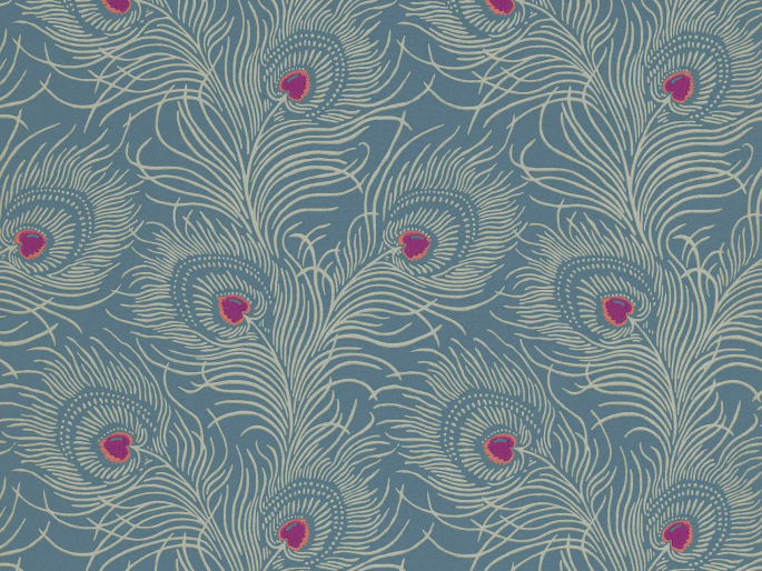 Papier peint bleu profond avec des plumes de paon et des détails roses Carlton House Terrace - Blue Plume