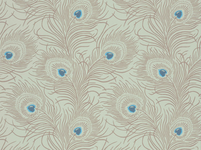 Carlton House Terrace - Copper papier peint avec des plumes de paon beiges et des accents bleus